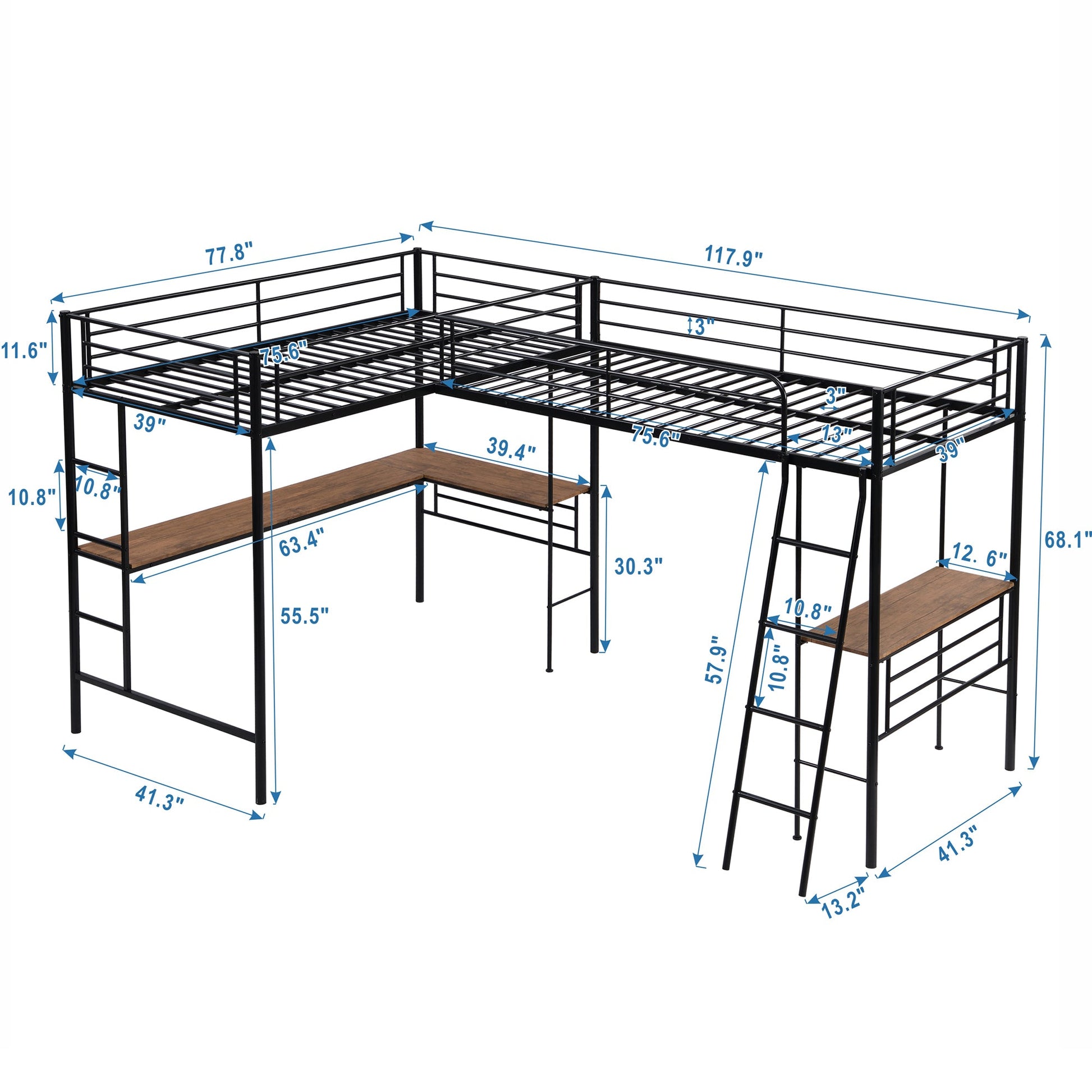Twin Size Metal Loft Bed with Two Built-in Desks Black - Korvel