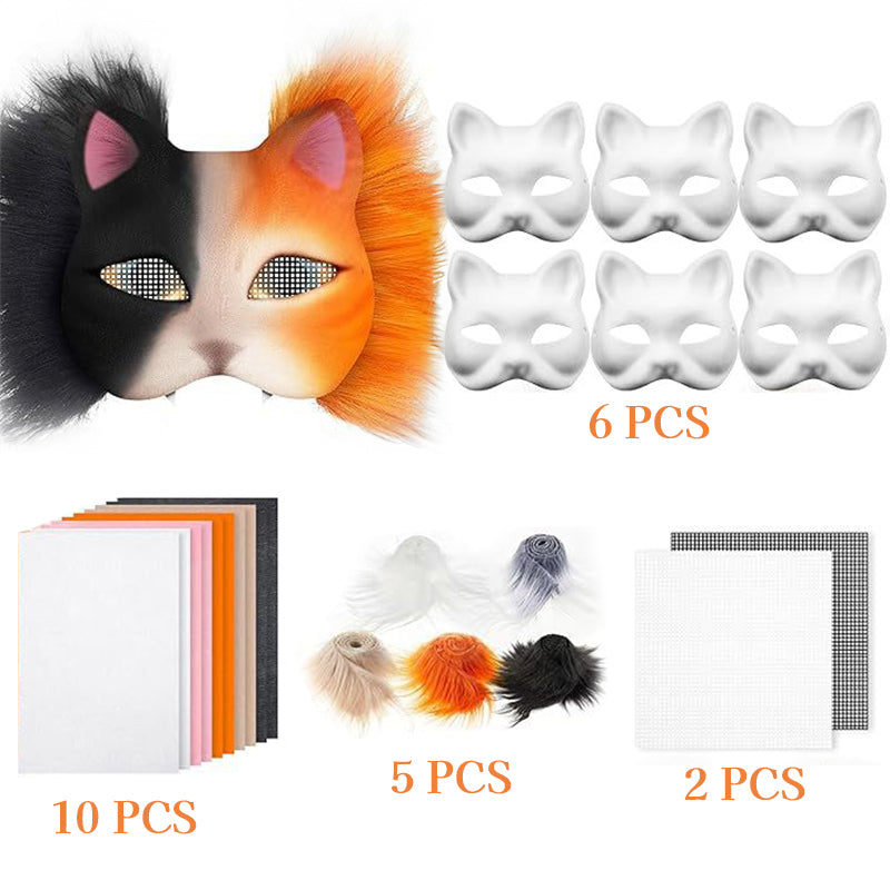 6 Sets Therian Mask Kit. Half-face paper blank masks, hand-painted cat. For DIY, masquerade, cosplay, Christmas gifts. Create un - Korvel