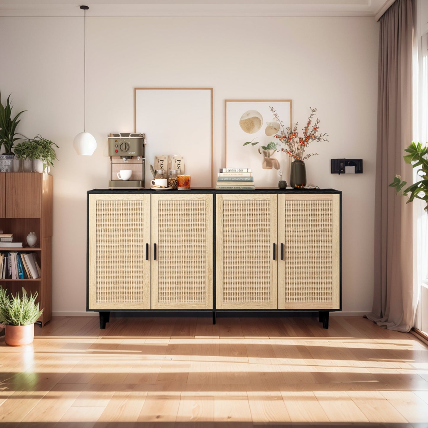62.20"Elegant and Functional 4-Door Rattan Decorative Storage Cabinet,for Bedroom,Living Room,Office,Easy Assembly,Black - Korvel