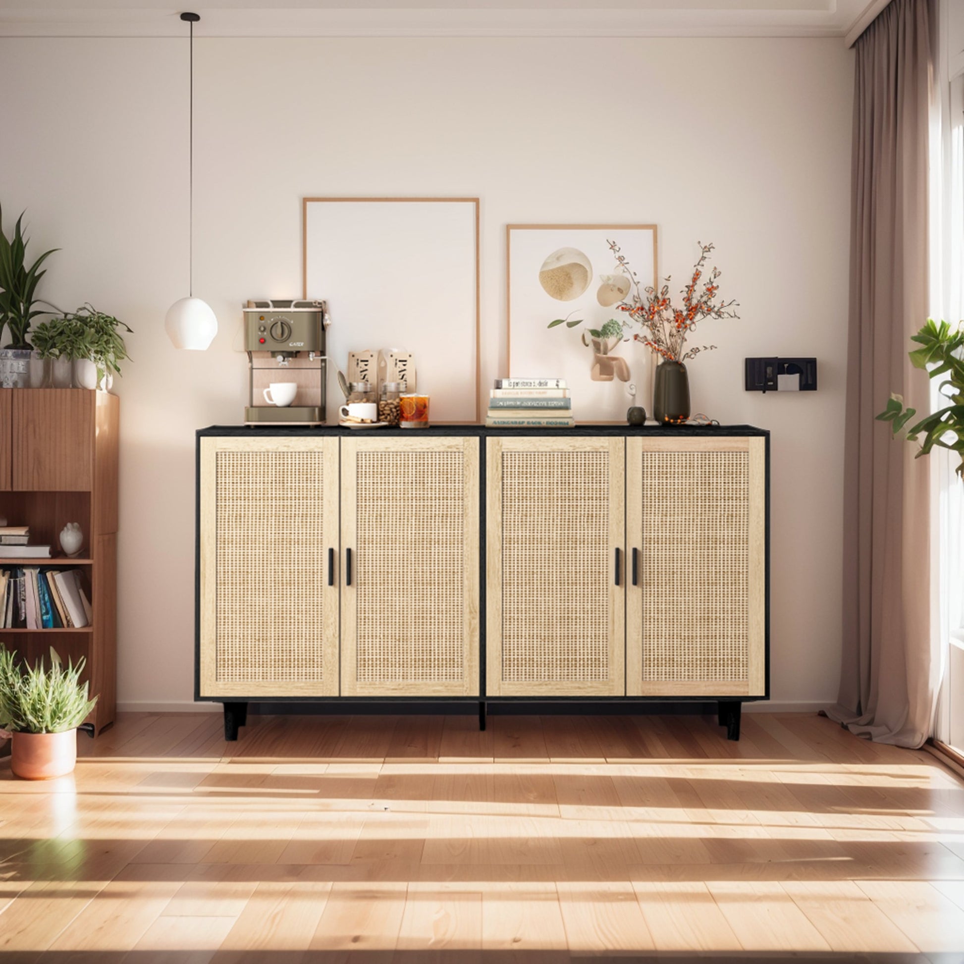 62.20"Elegant and Functional 4-Door Rattan Decorative Storage Cabinet,for Bedroom,Living Room,Office,Easy Assembly,Black - Korvel
