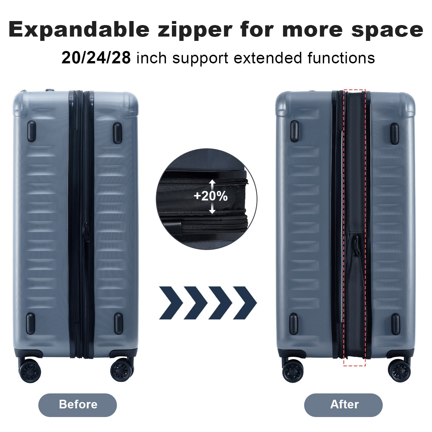 Luggage Sets New Model Expandable ABS+PC 3 Piece Sets with Spinner Wheels Lightweight TSA Lock (20/24/28), STEEL GRAY - Korvel