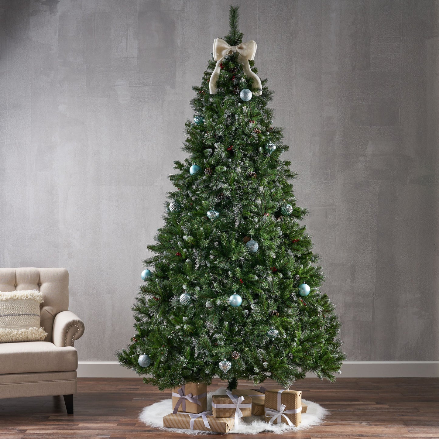 9' Glitter Bristle Mixed Hinged Tree with 72 Red Berry and 73 Pine Cones and 2099 tips,Dia:66 - Korvel
