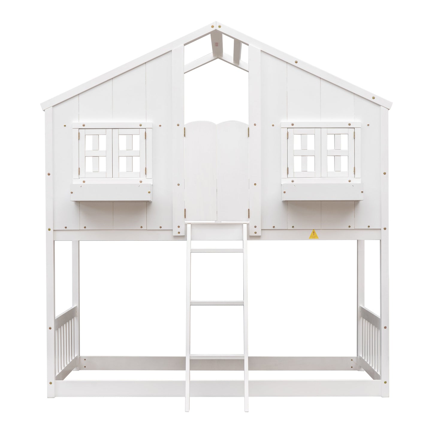 Twin over Twin House Bunk Bed with Roof , Window, Window Box, Door , with Safety Guardrails and Ladder,White - Korvel