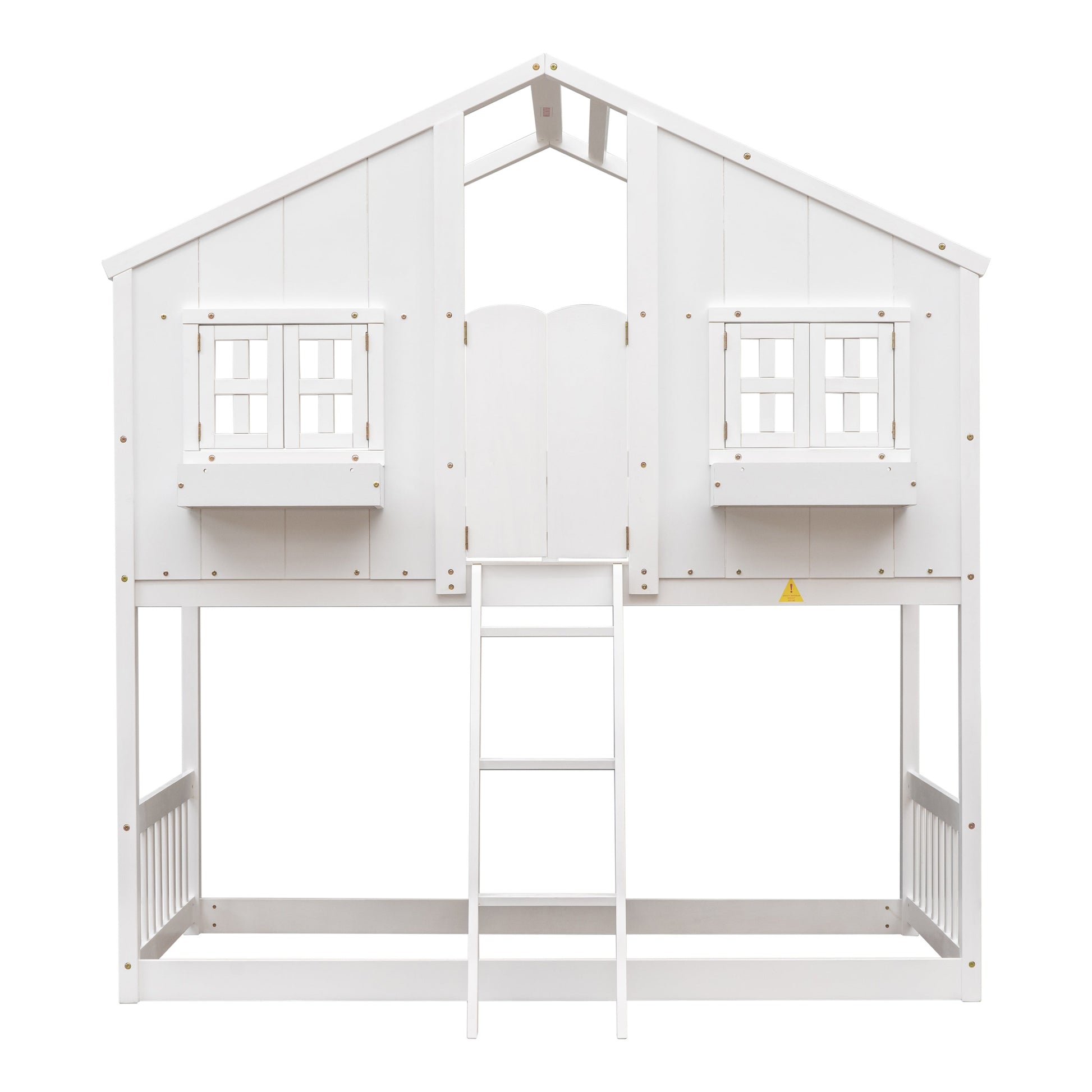 Twin over Twin House Bunk Bed with Roof , Window, Window Box, Door , with Safety Guardrails and Ladder,White - Korvel
