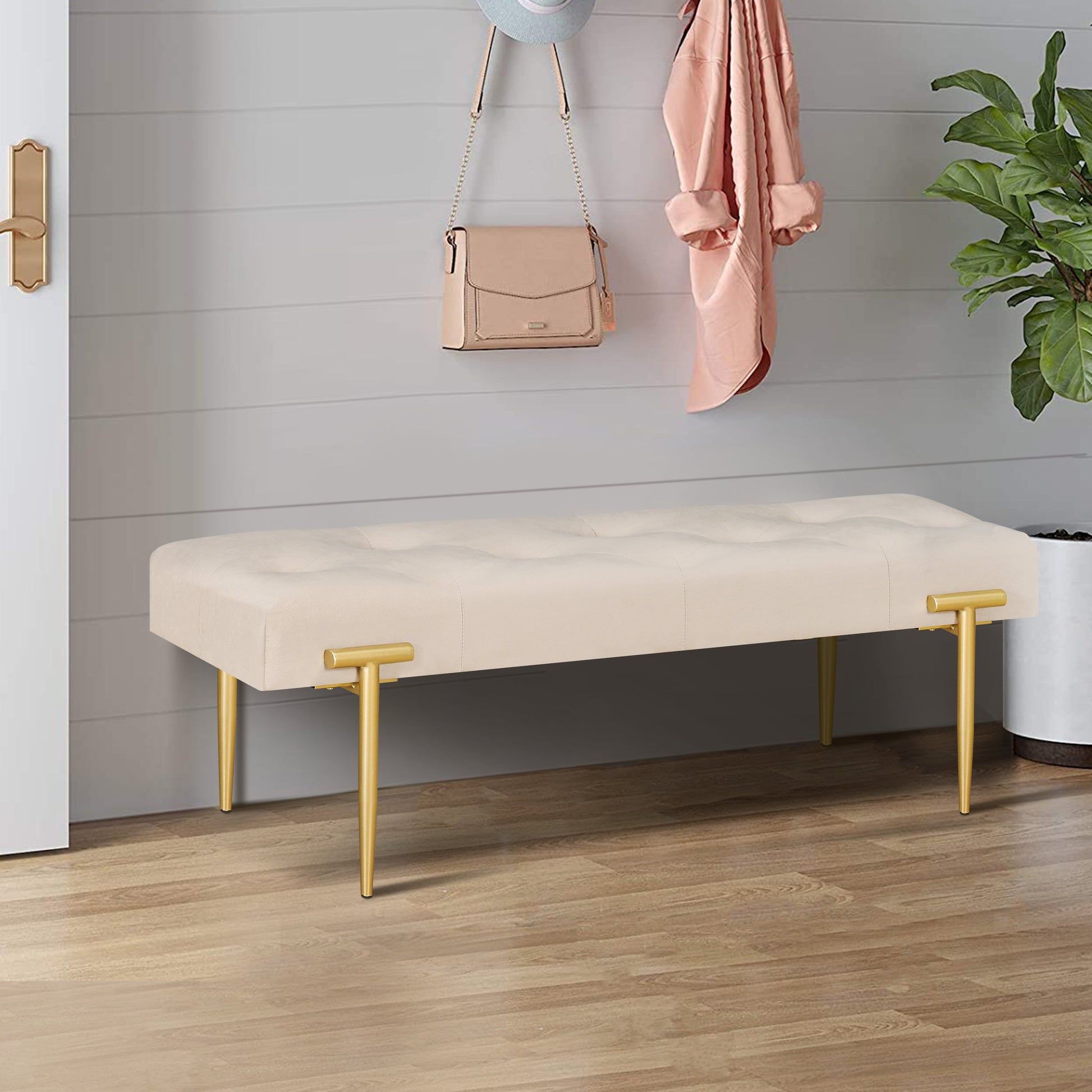 48'' Modern Ottoman Bench Velvet Bench Upholstered Footrest With Gold Metal Legs And Padded Seat For Bedroom Living Room - Korvel