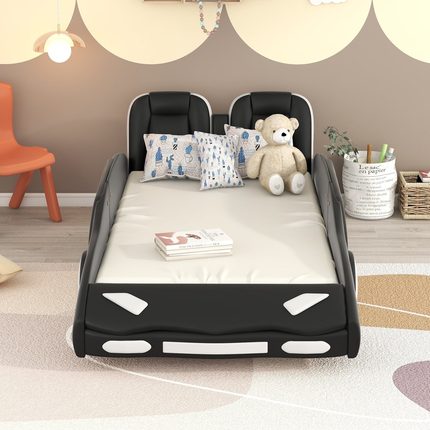 Twin Size Race Car-Shaped Platform Bed with Wheels - Black