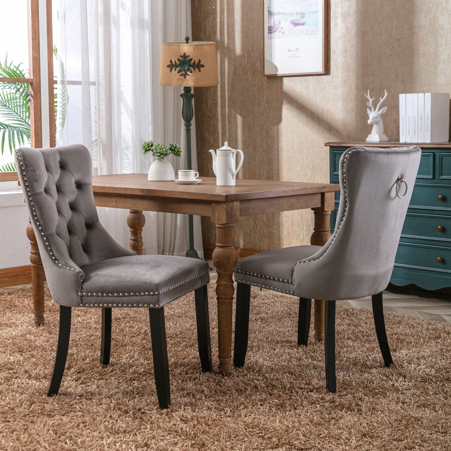Modern high-end plush solid wood velvet cushioned dining chair with wooden leg nail head decoration, two piece set in gray - Korvel