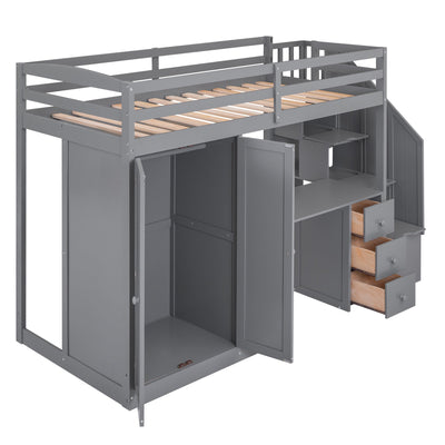 Twin Size Loft Bed with Wardrobe and Storage in Gray
