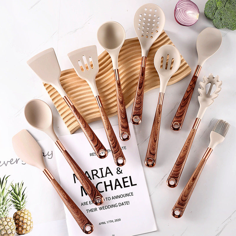 10 Pieces Kitchen Tools Set Wooden Handle Cooking Kitchen Utensil Set Silicone Utensils - Korvel