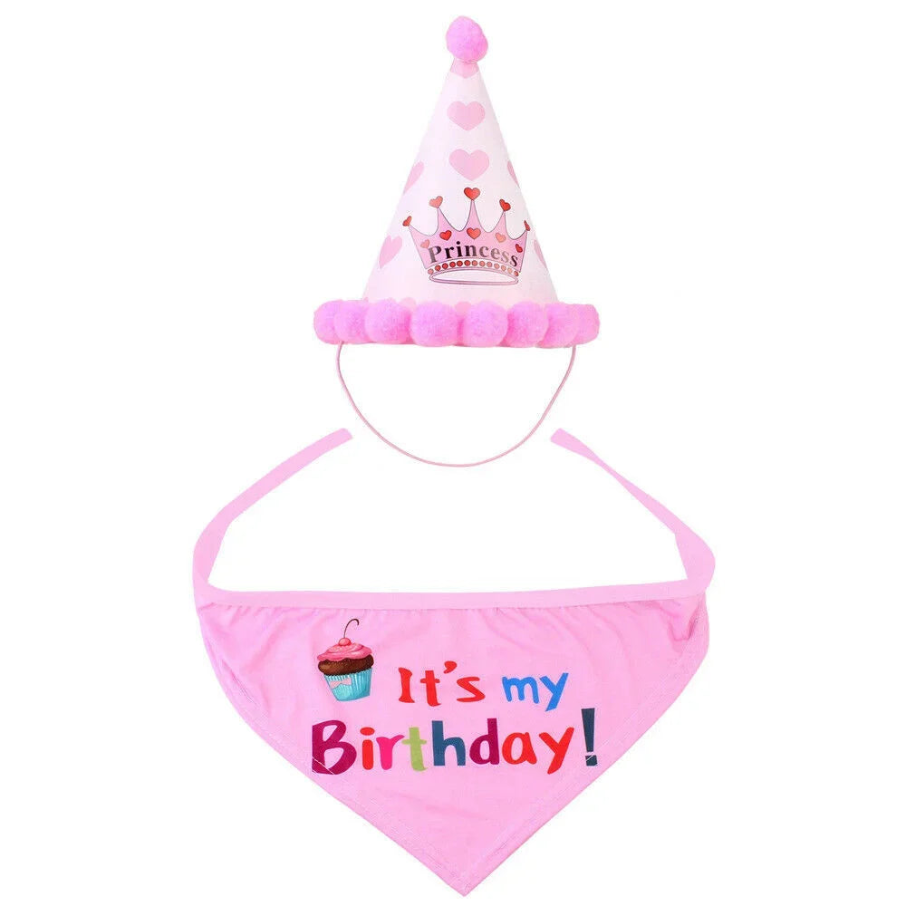 2Pcs/Set Dog Hat Bib Dog Birthday Bandana Scarf Adjustable Bandana Neckerchief Cat Dog Birthday Bib Hat Pet Supplies - Korvel