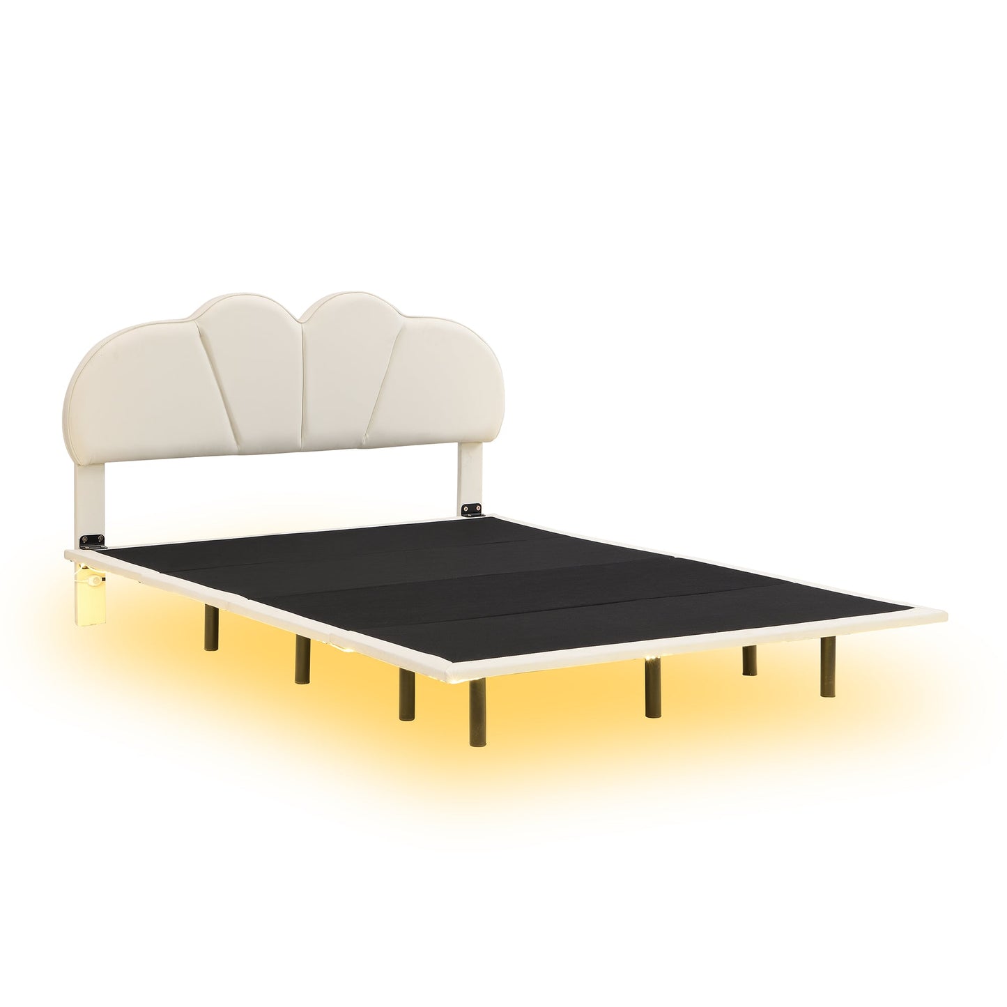 Queen Size Upholstery LED Floating Bed with PU Leather Headboard and Support Legs,Beige - Korvel