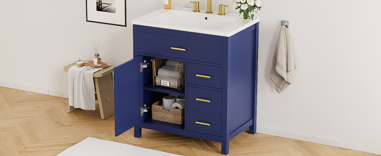 30-Inch Blue Bathroom Vanity with Ceramic Sink and Ample Storage - Ideal Choice for Small Bathrooms - Korvel