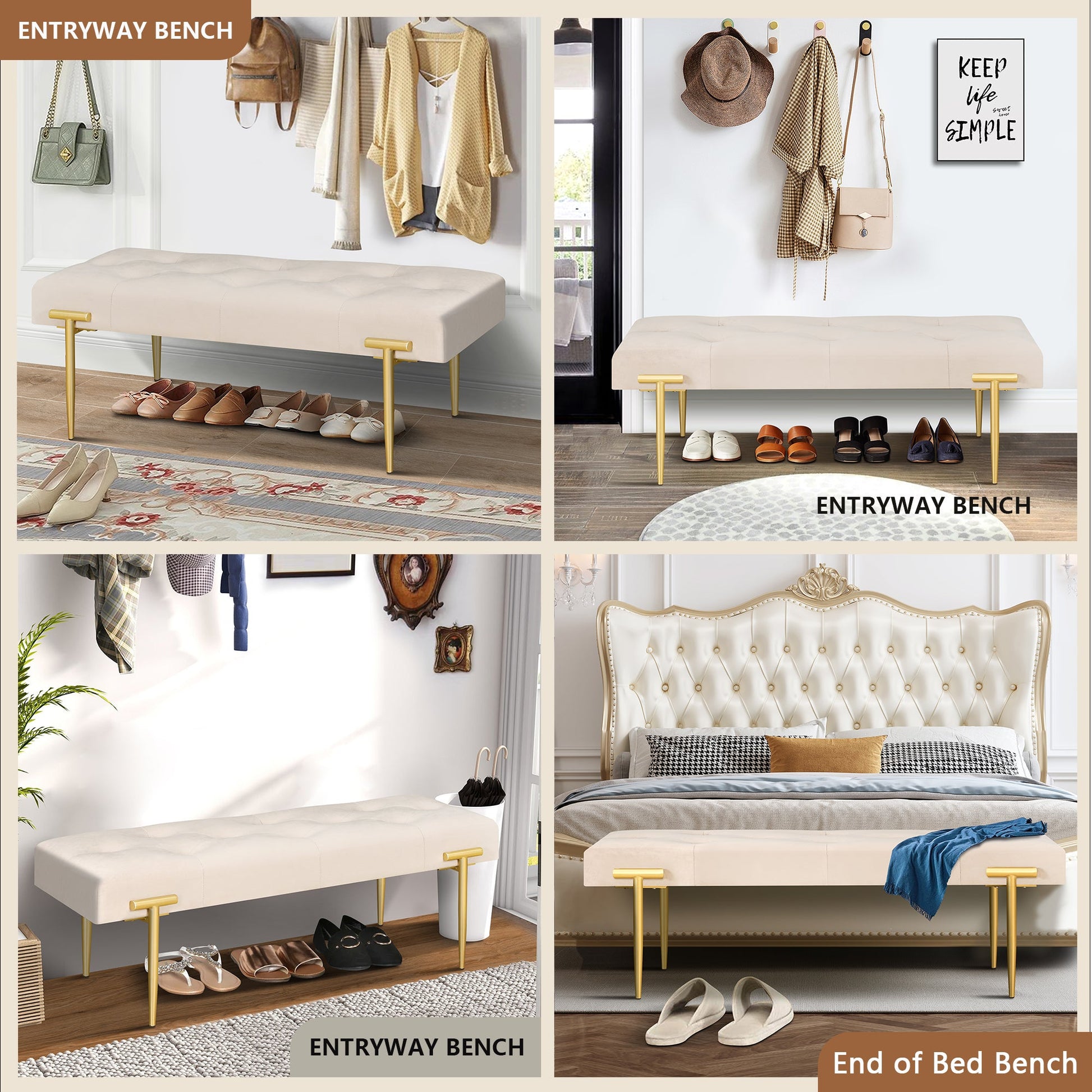 48'' Modern Ottoman Bench Velvet Bench Upholstered Footrest With Gold Metal Legs And Padded Seat For Bedroom Living Room - Korvel