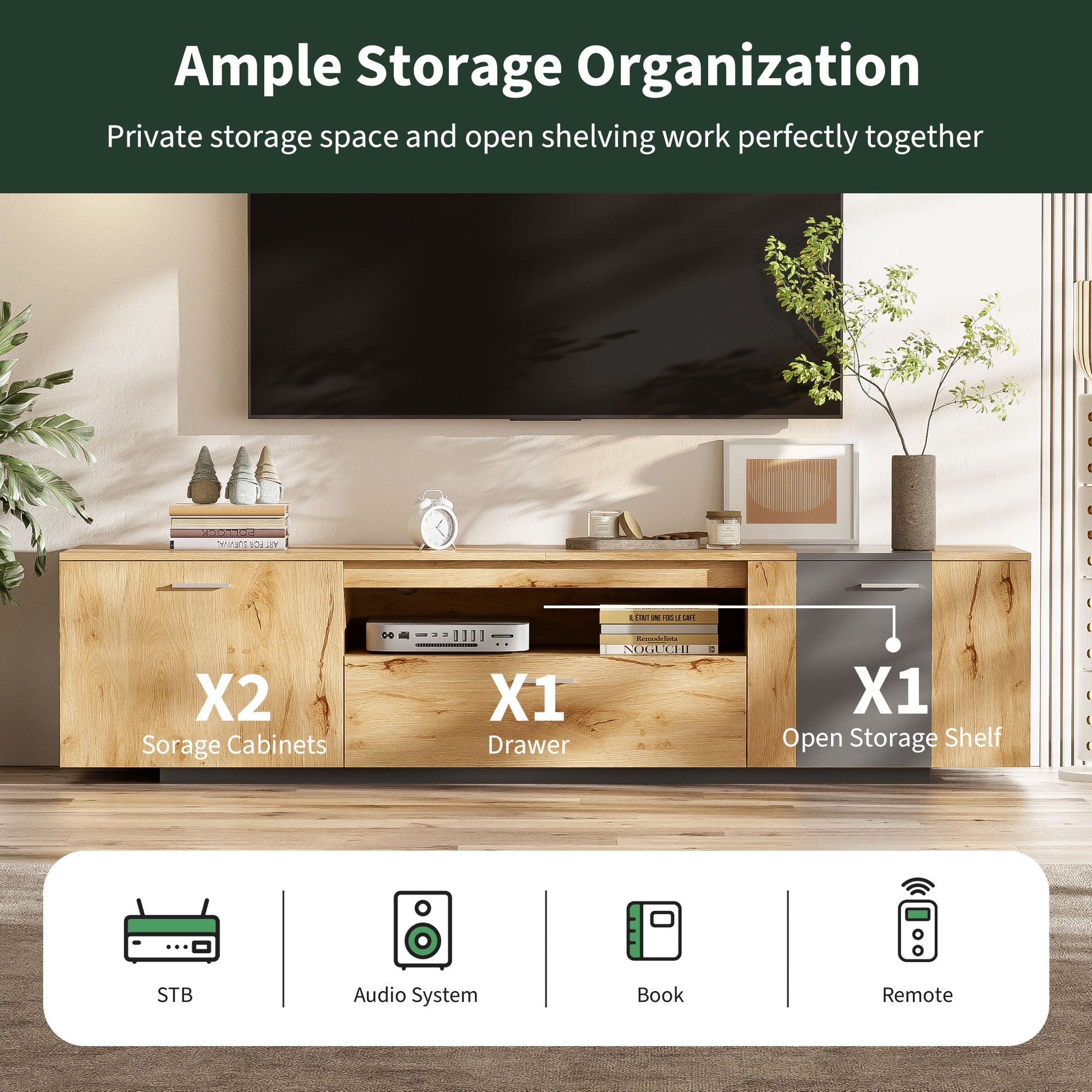 70 inch modern TV stand with 3 cabinets and drawers, entertainment center can accommodate TVs under 80 inches - Korvel