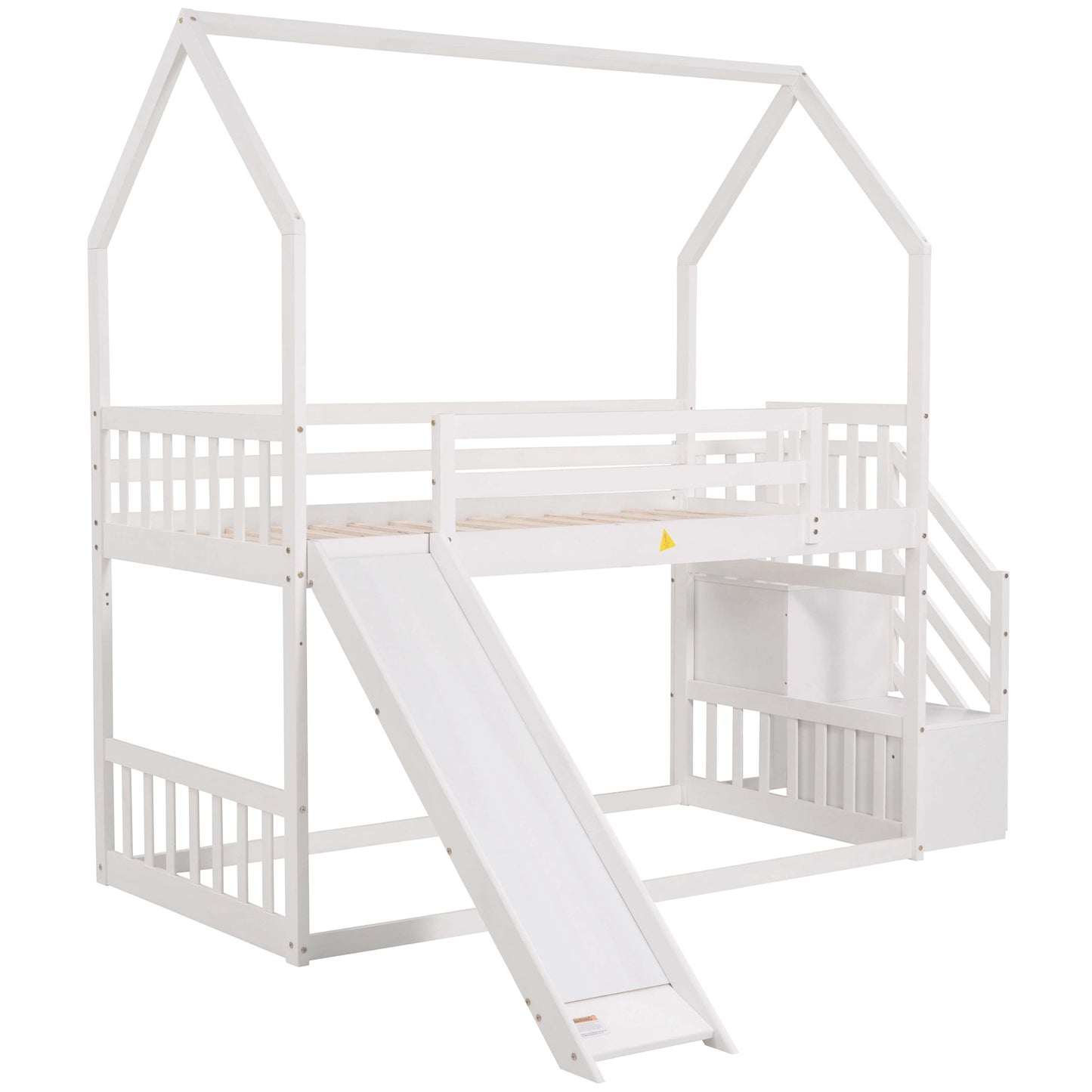 Twin over Twin House Bunk Bed with Convertible Slide,Storage Staircase,White - Korvel
