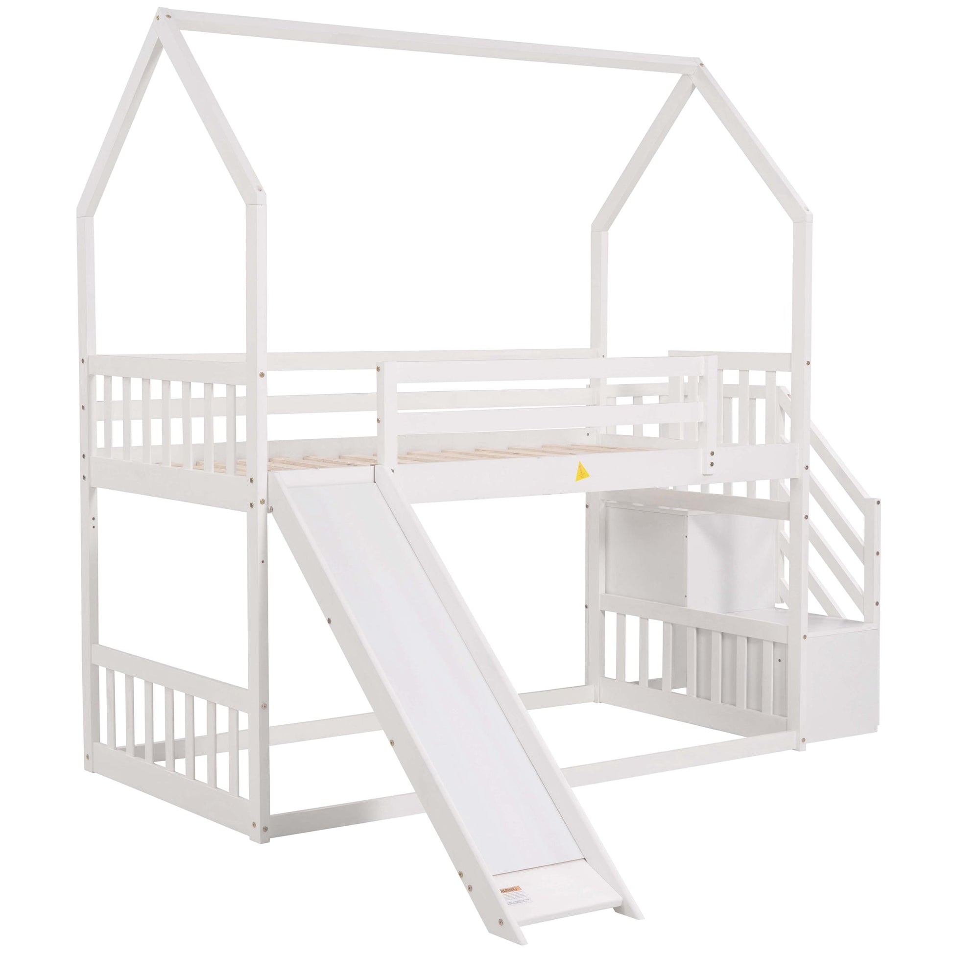 Twin over Twin House Bunk Bed with Convertible Slide,Storage Staircase,White - Korvel