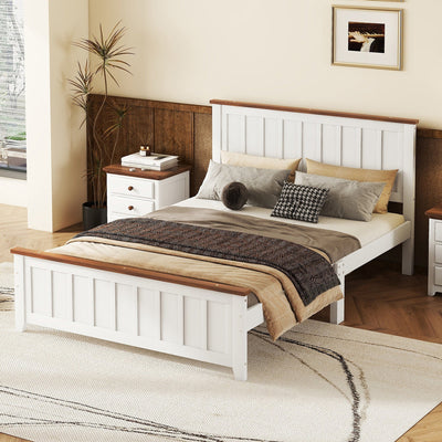 Full Size Wood Platform Bed Wooden Slat Support, Vintage Simple Bed Frame with Rectangular Headboard and Footboard, White - Korvel