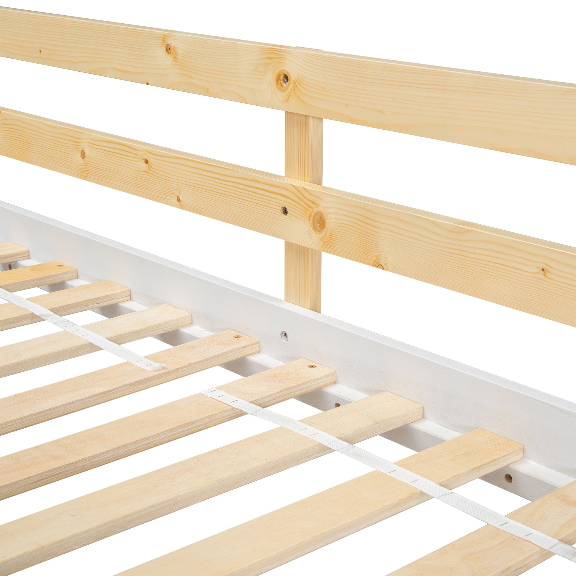Twin over Twin House Bunk Bed with Roof , Window, Window Box, Door , with Safety Guardrails and Ladder, Natural/White - Korvel
