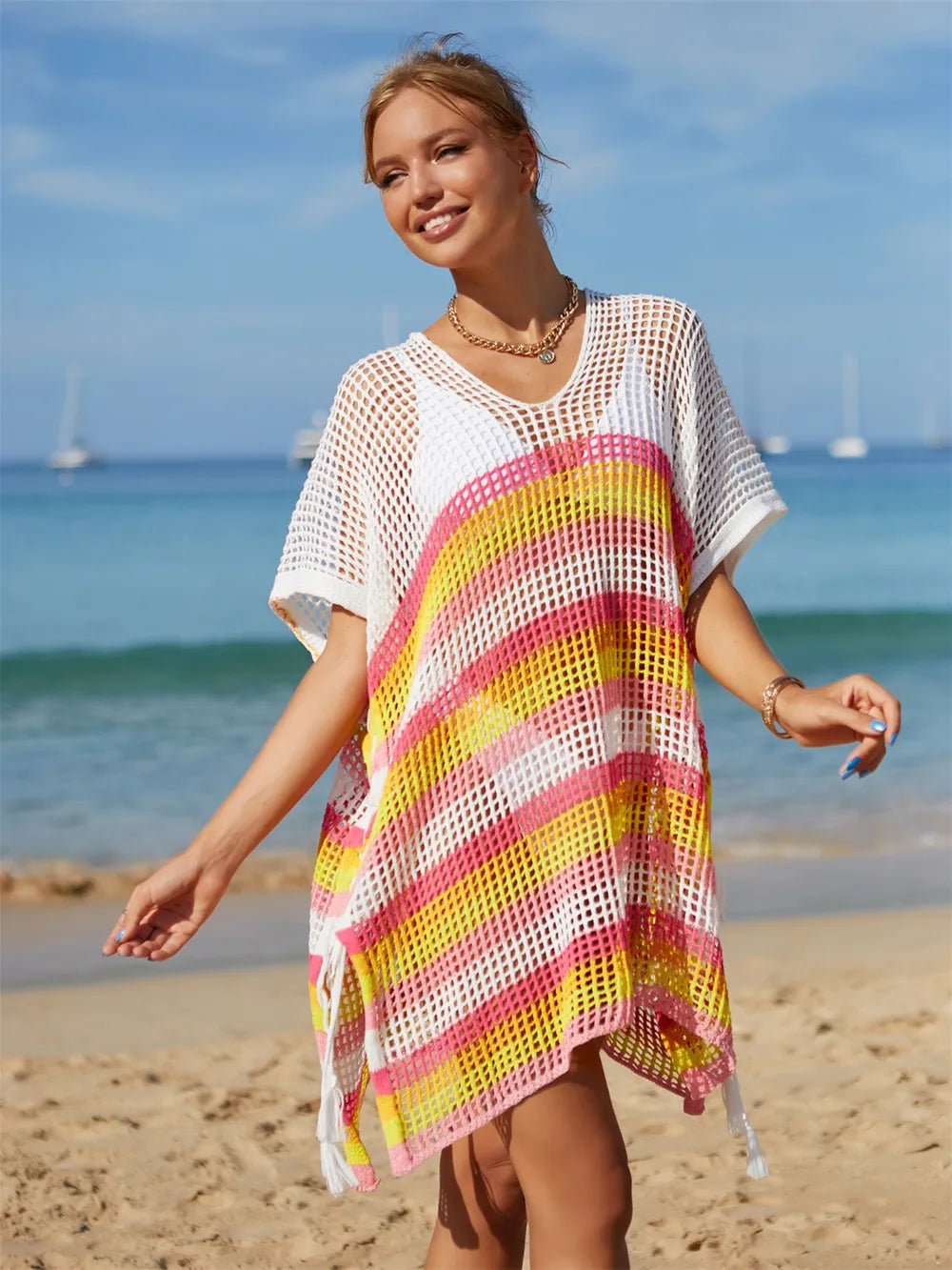 Cutout Striped Cover-Up with Tassel - Korvel