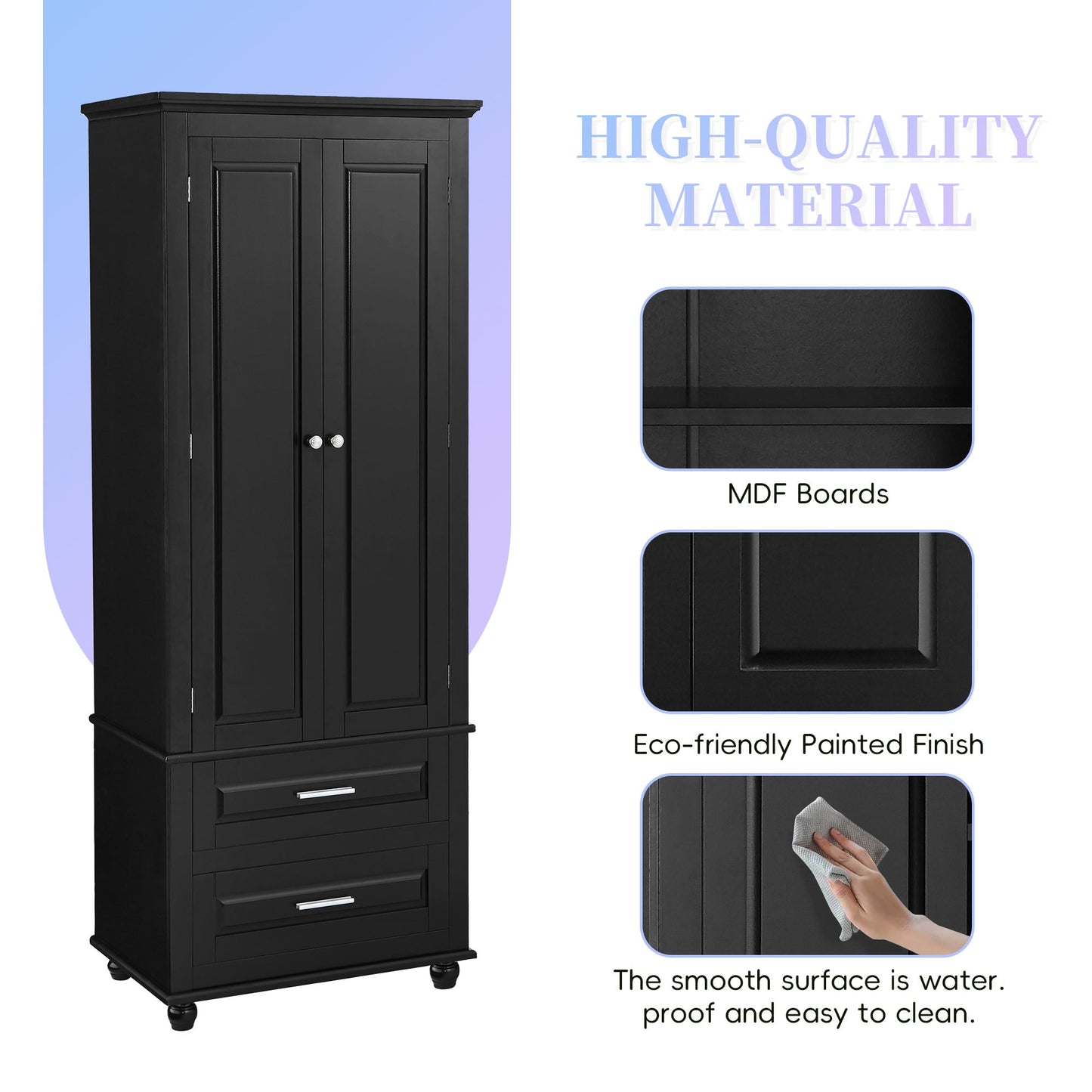 Tall Storage Cabinet with Two Drawers for Bathroom/Office, Black - Korvel