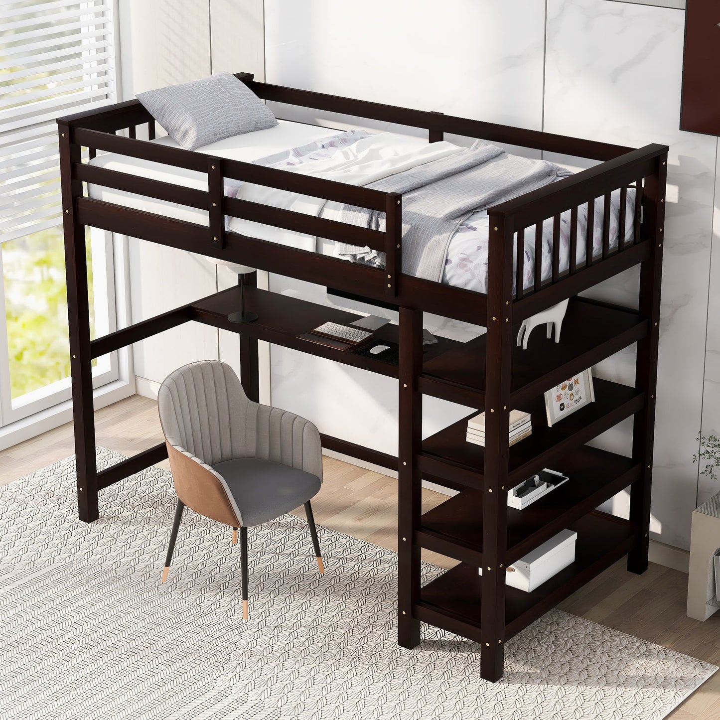 Twin Size Loft Bed with Storage Shelves and Under-bed Desk  Espresso - Korvel