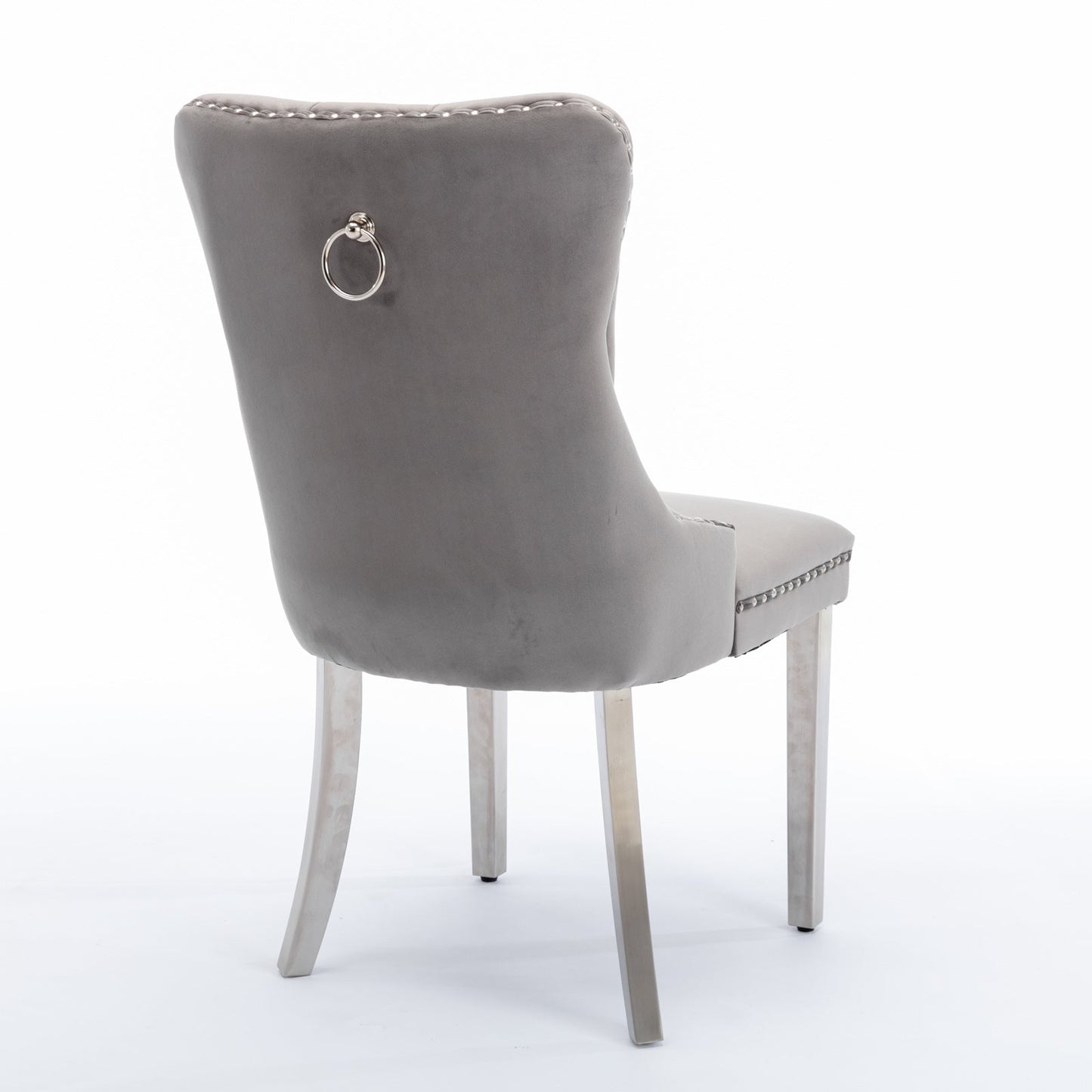 High end tufted solid wood velvet soft cushion dining chair chrome plated leg nail decoration gray and chrome two-piece set - Korvel