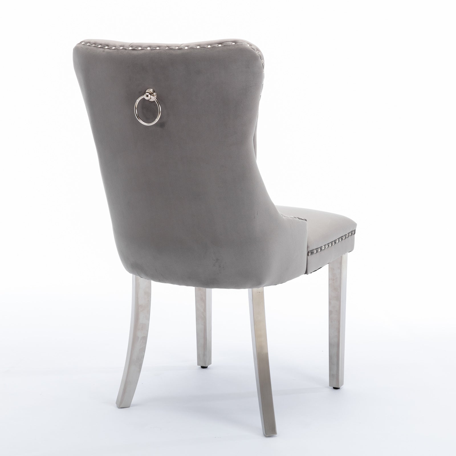 High end tufted solid wood velvet soft cushion dining chair chrome plated leg nail decoration gray and chrome two-piece set - Korvel