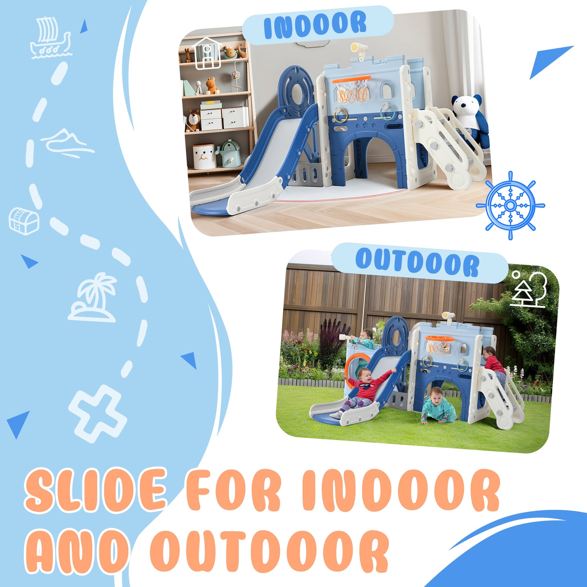 9-1 Toddler Slide Set,Kids Slide for Toddlers Ages 1+, Basketball Hoop, Tunnel and Storage Space, Pirate Ship Themed Slide - Korvel