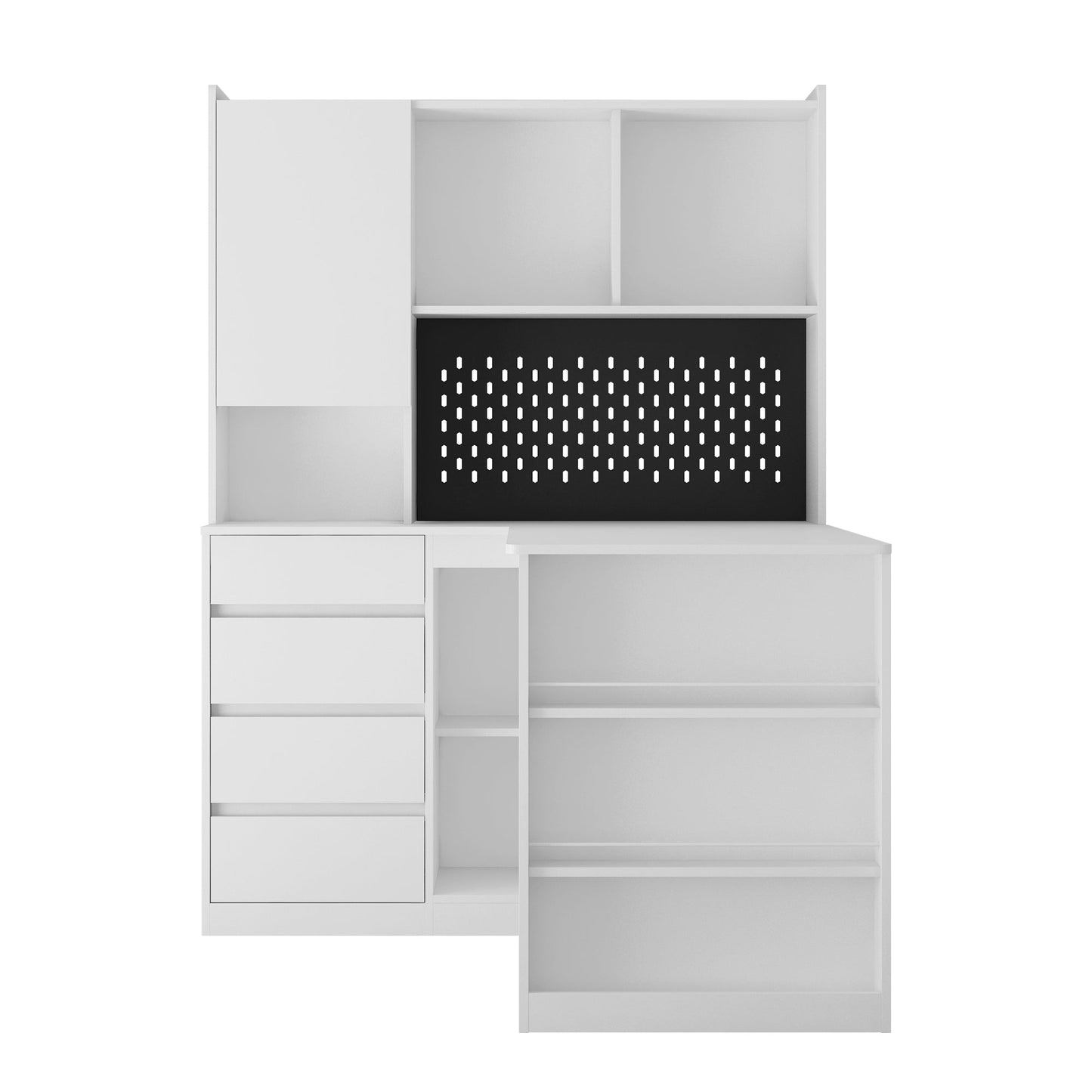 L-shaped office desk with charger, bookshelf with drawers and LED lights, and corner gaming computer desk with storage space - Korvel