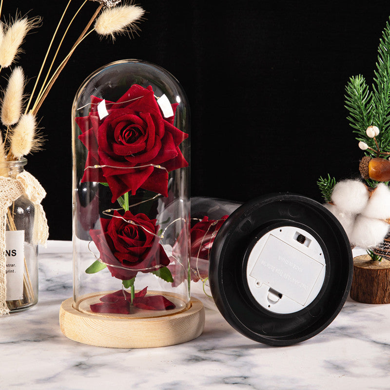 Christmas Valentine's Day Birthday Gift Two Roses Glass Cover Ornament LED Light Simulation Immortal Flower - Korvel