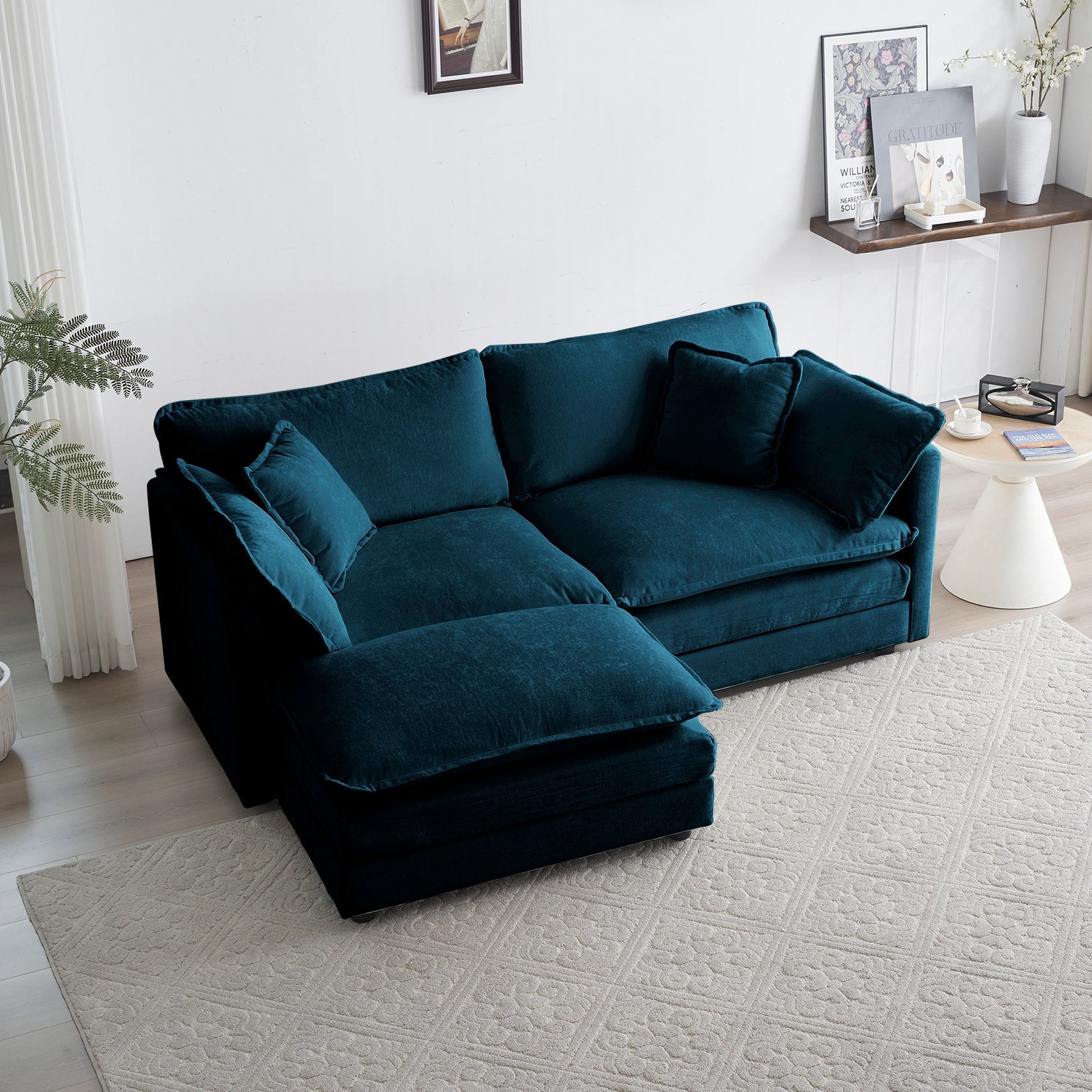 Chenille double sofa with 1 foot pedal, 2 seats L-shaped section, Ottoman style blue Chenille - Korvel