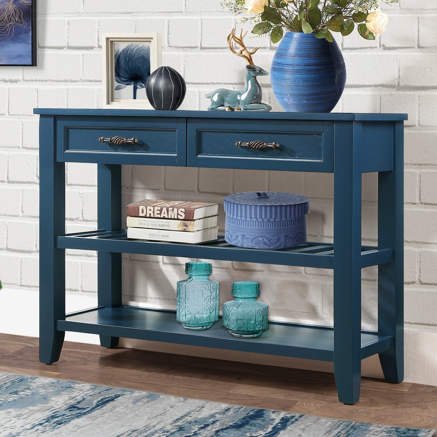 Mesa Consola Sofá de Estilo Mid-Century con Cajones de Almacenamiento - Azul Marino