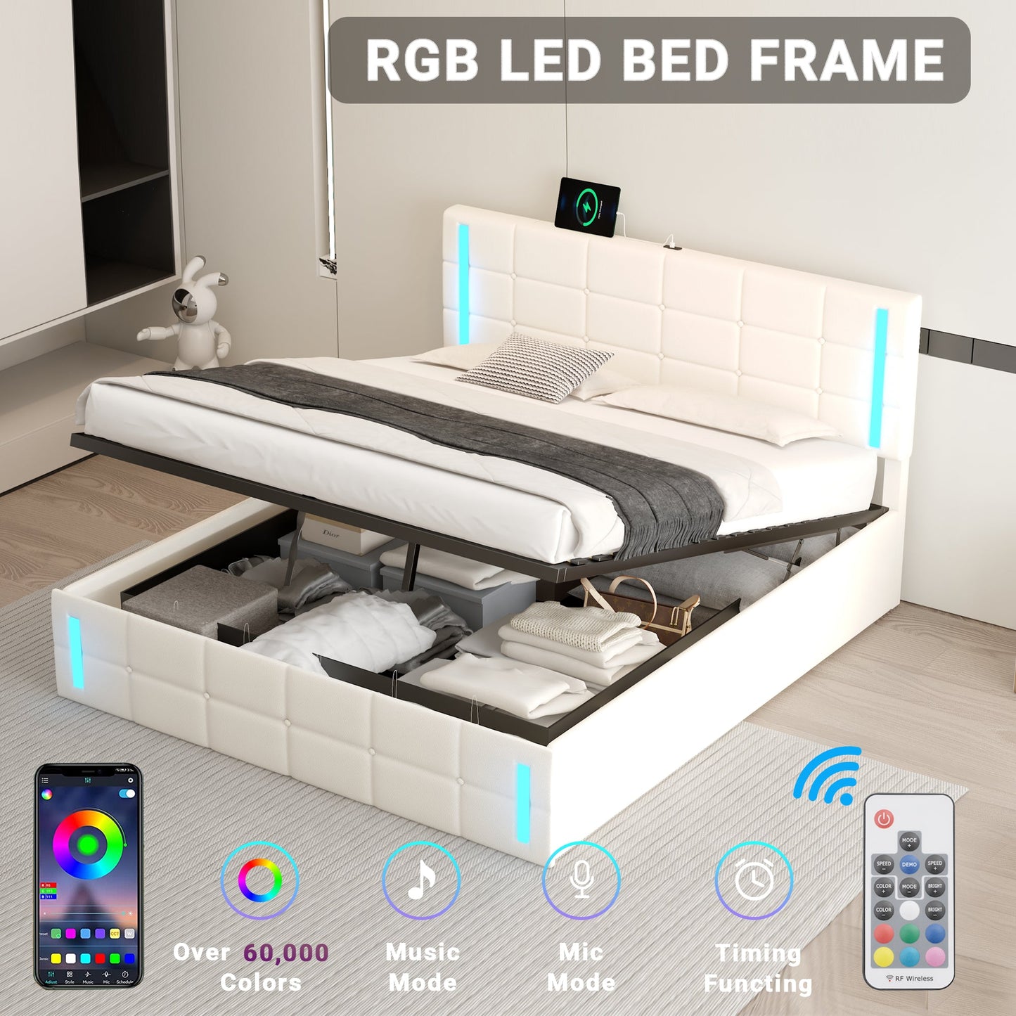 Queen Size Upholstered Bed with LED Lights Hydraulic Storage System and USB Charging Station White - Korvel