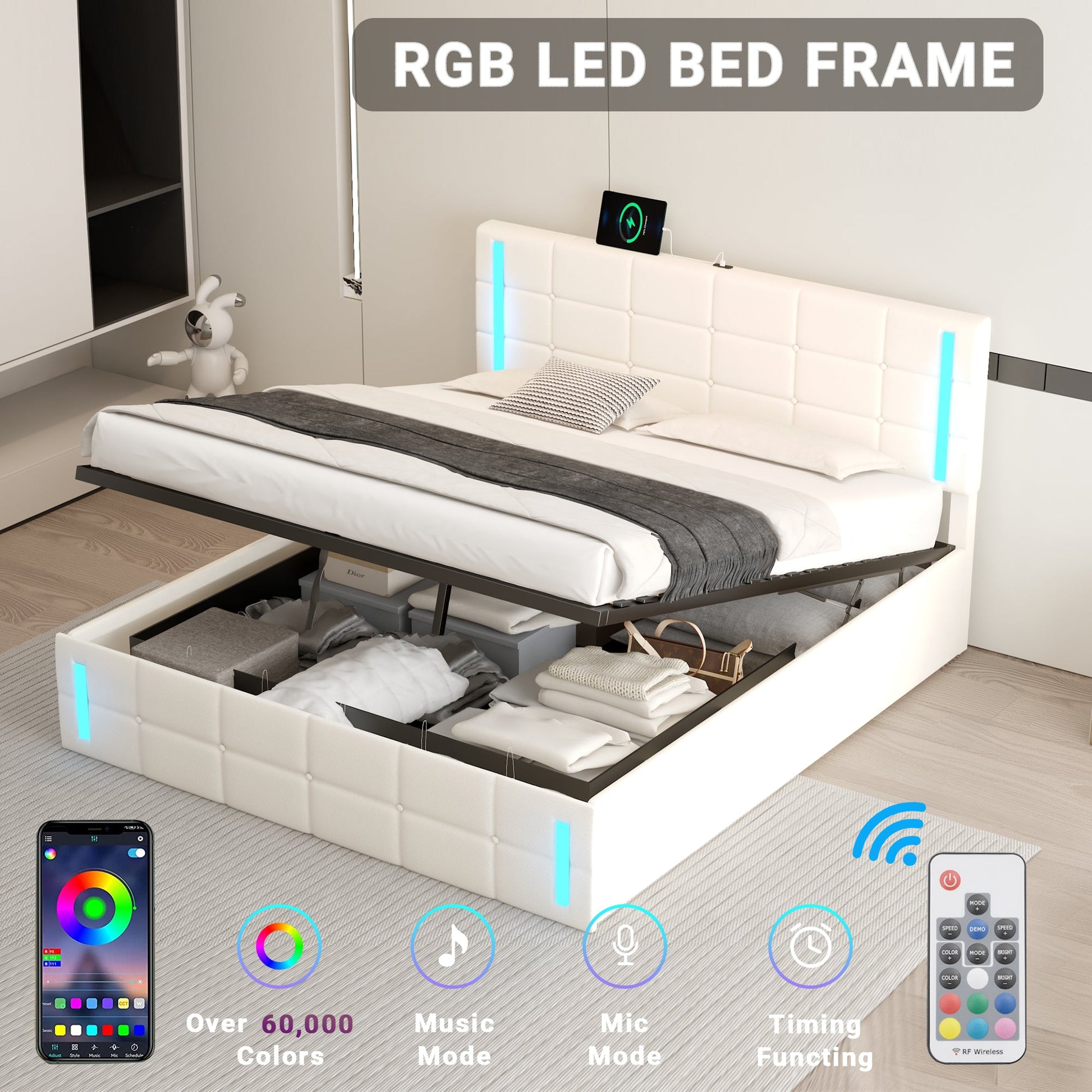 Queen Size Upholstered Bed with LED Lights Hydraulic Storage System and USB Charging Station White - Korvel