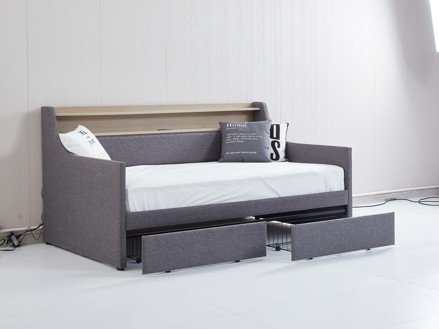 Lit jumeau rembourré avec rangement et lumières LED