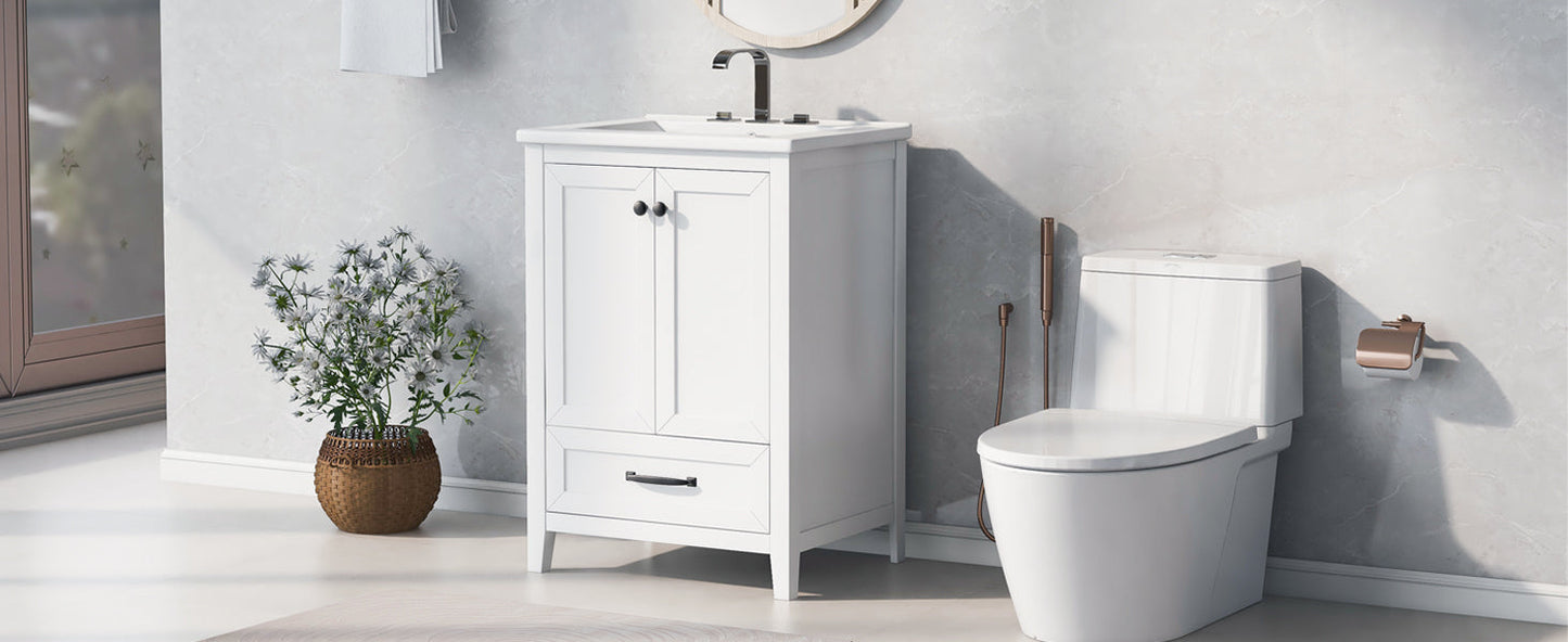 24" Bathroom Vanity with Sink, Bathroom Vanity Cabinet with One Drawer and Doors, Solid Wood and MDF, White - Korvel