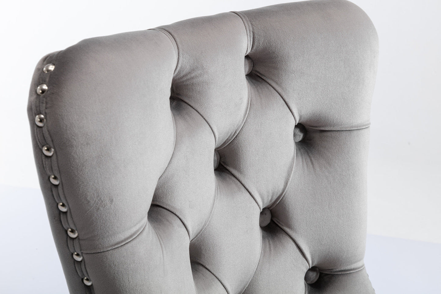 High end tufted solid wood velvet soft cushion dining chair chrome plated leg nail decoration gray and chrome two-piece set - Korvel