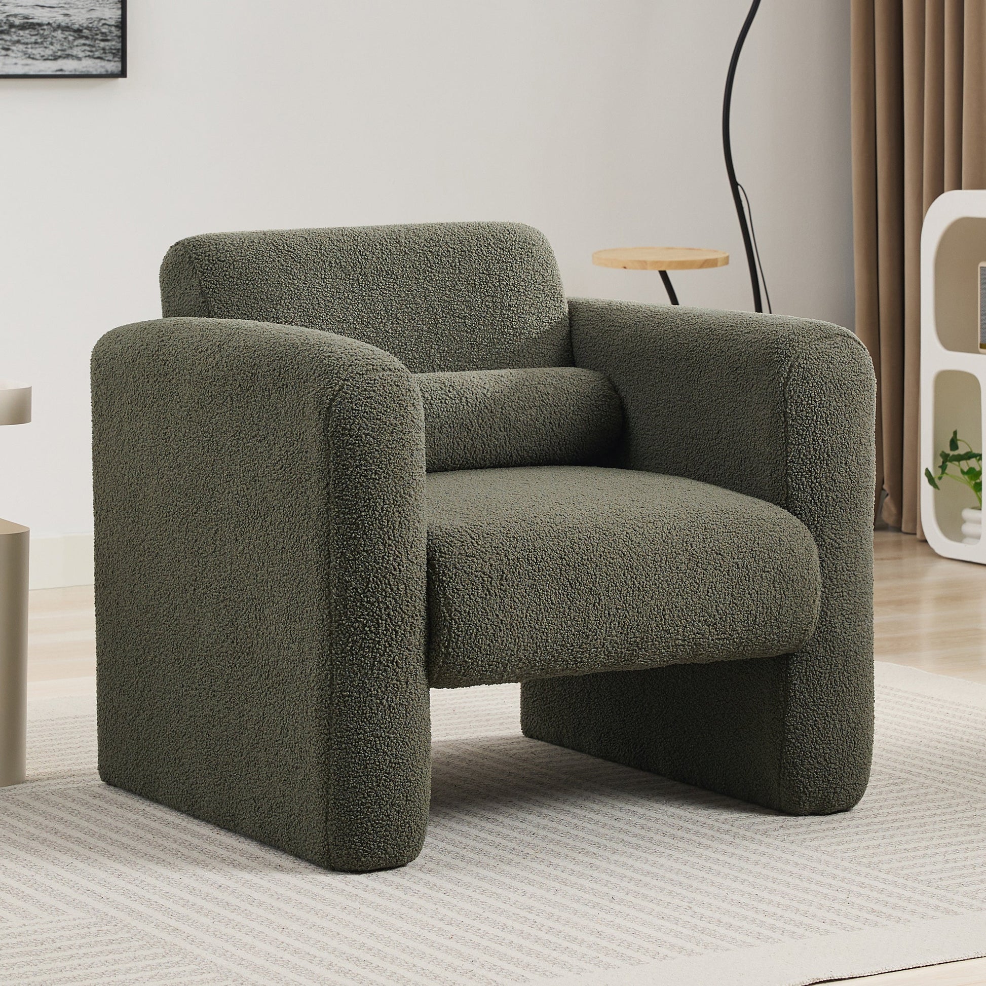 Modern style chair with sheepskin Sherpa fabric soft cushion, comfortable armchair, soft with backrest and pillow, seaweed green - Korvel