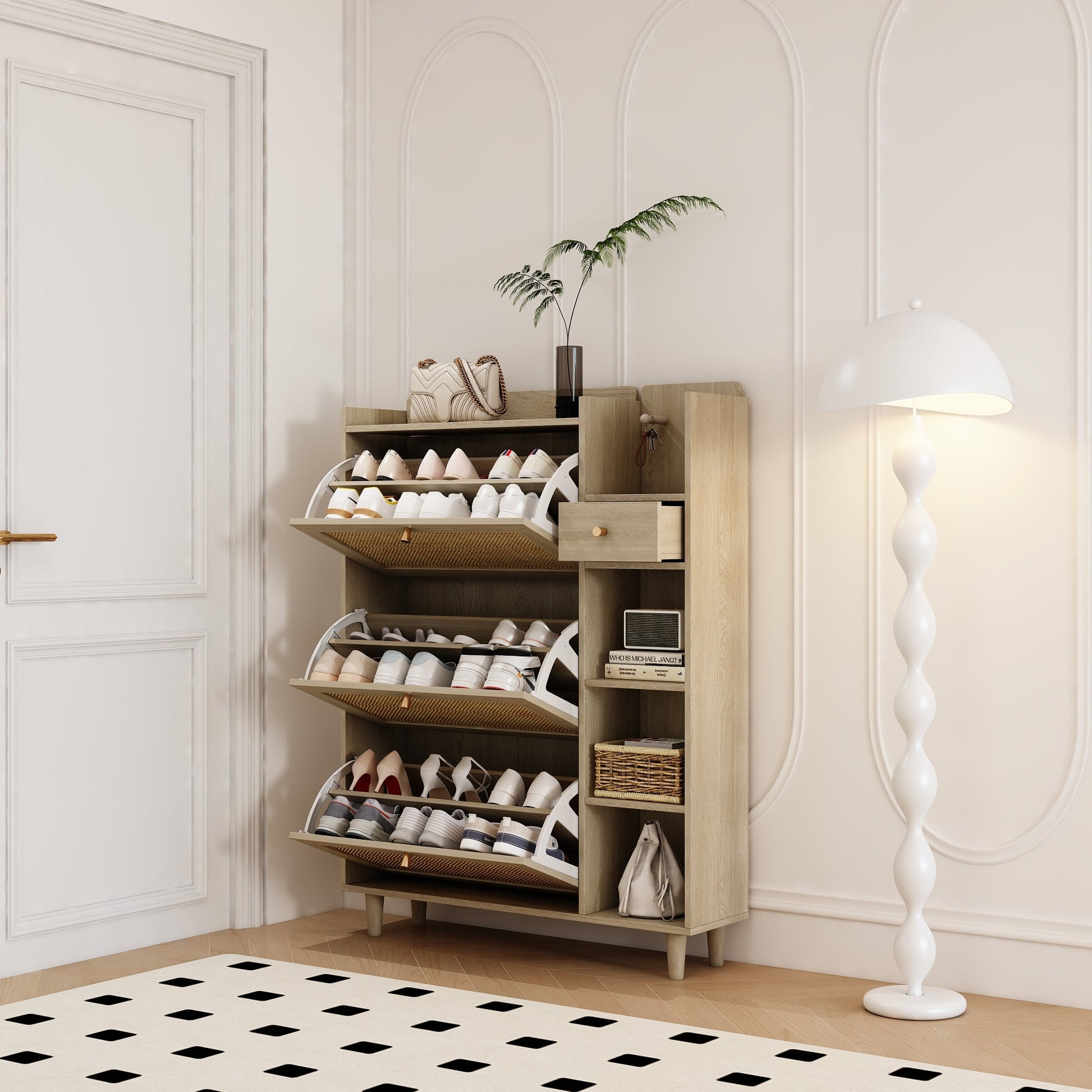 Natural Bohemian style shoe cabinet with 3 rattan flip drawers, 3 square shelves, and 1 storage drawer,  Natural - Korvel