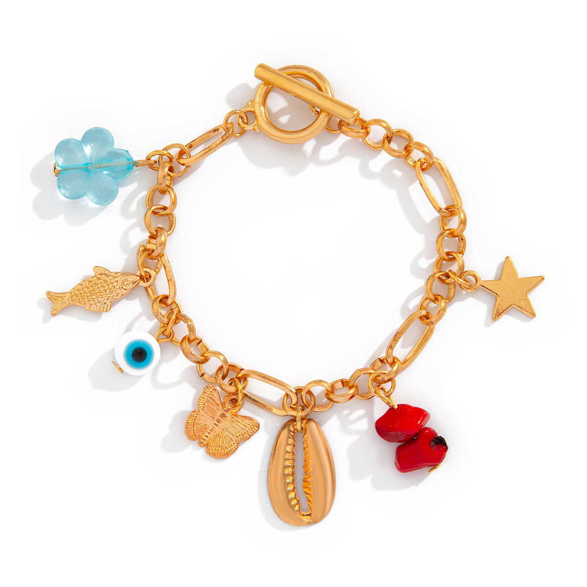 Fashionable and versatile peach heart turquoise bracelet, irregular alloy multi-element shell bracelet - Korvel