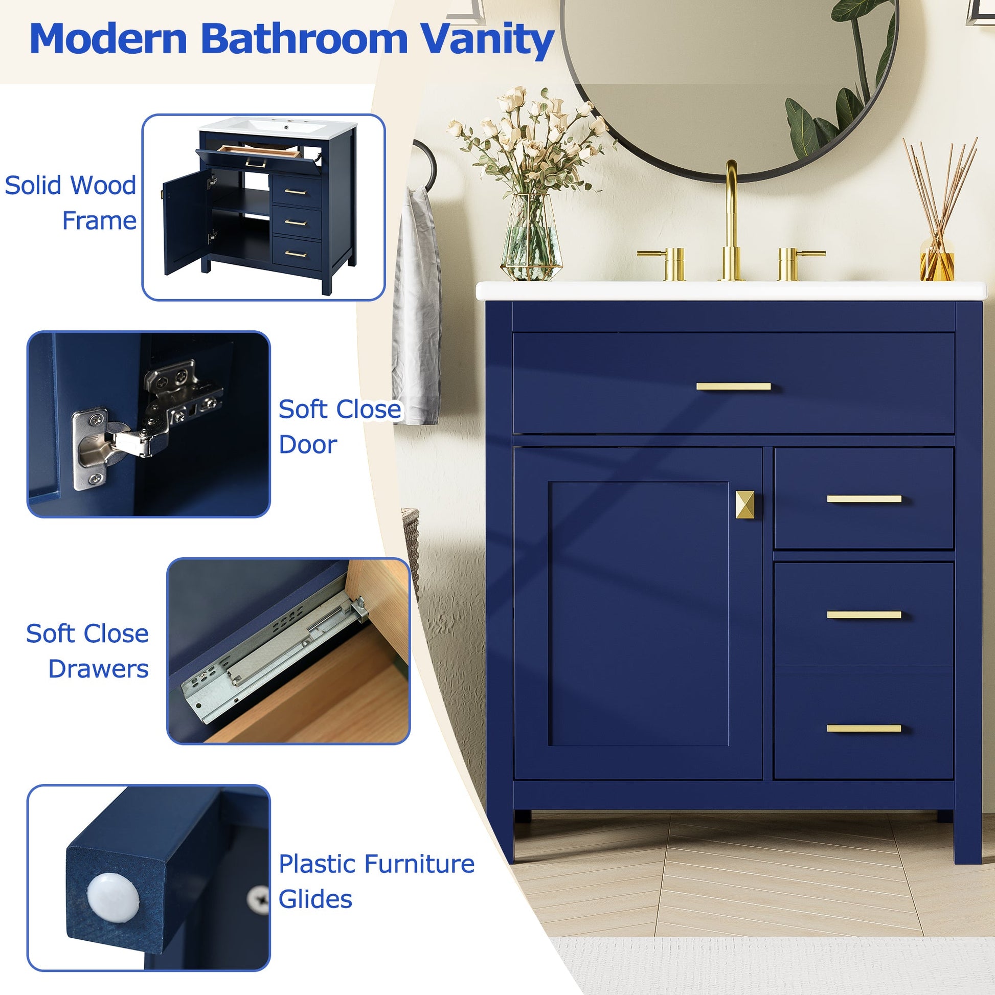 30-Inch Blue Bathroom Vanity with Ceramic Sink and Ample Storage - Ideal Choice for Small Bathrooms - Korvel