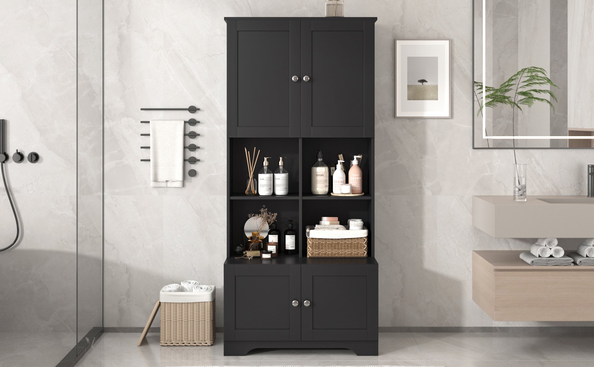 Bathroom storage cabinet, 4-door independent cabinet, adjustable shelf, open multi-layer shelf, black - Korvel