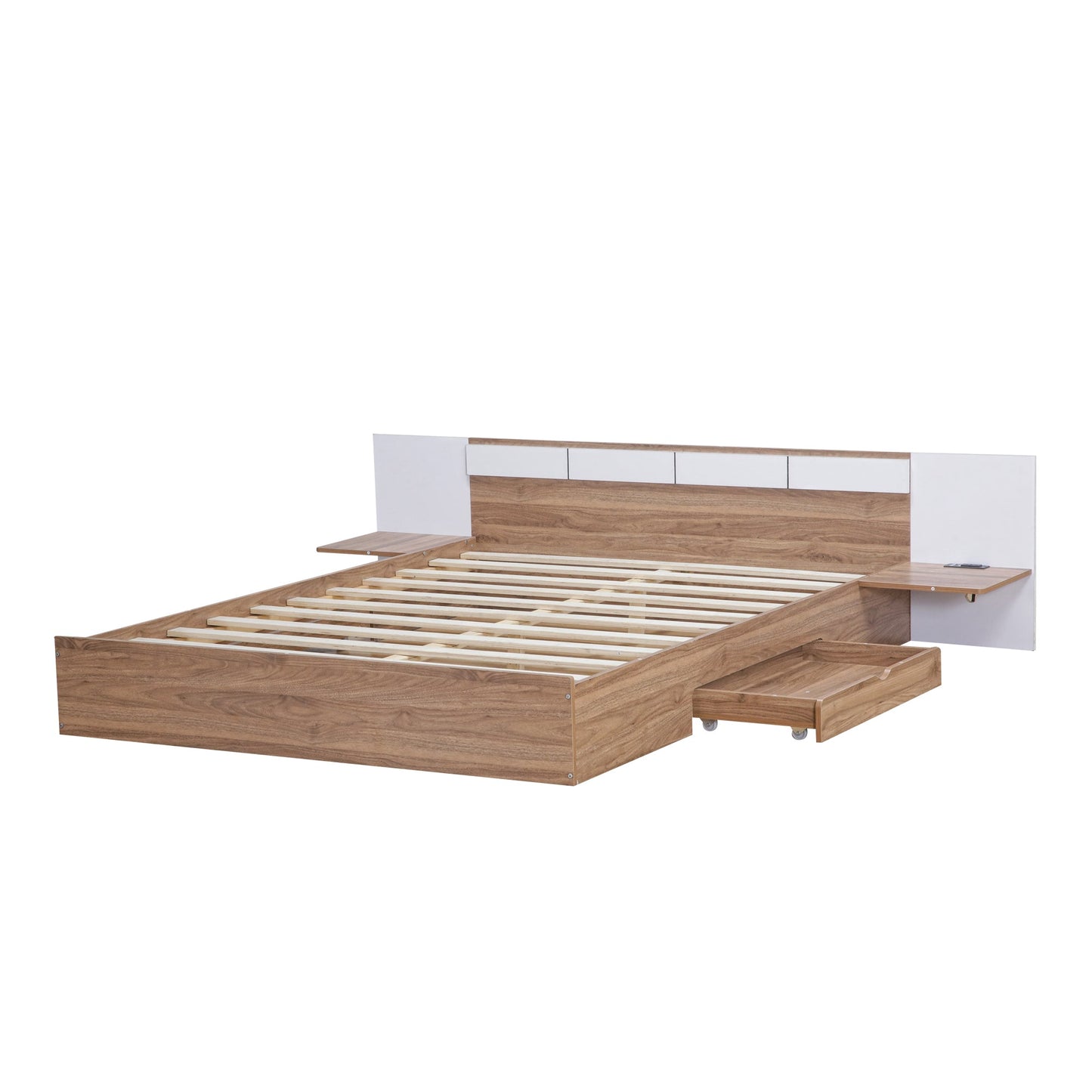Queen Size Platform Bed with Headboard and Storage, Natural