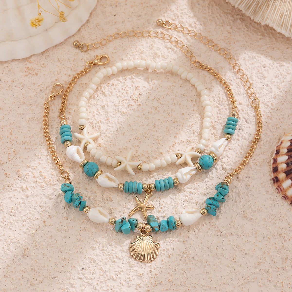 Vacation beach style turquoise set with special dense chain, simple starfish multi-layer rice bead ankle chain - Korvel
