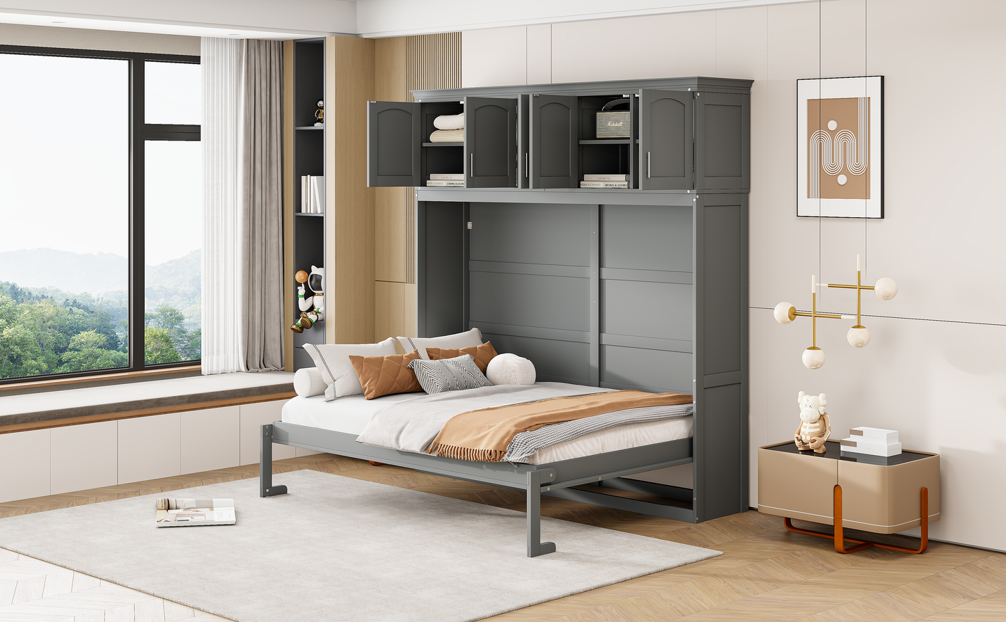 Full Size Murphy Bed Wall Bed with Top Cabinets,Gray - Korvel