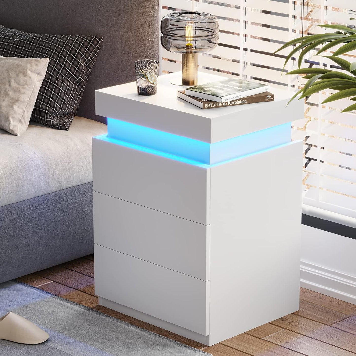 Mesita de Noche Blanca Moderna con 3 Cajones LED