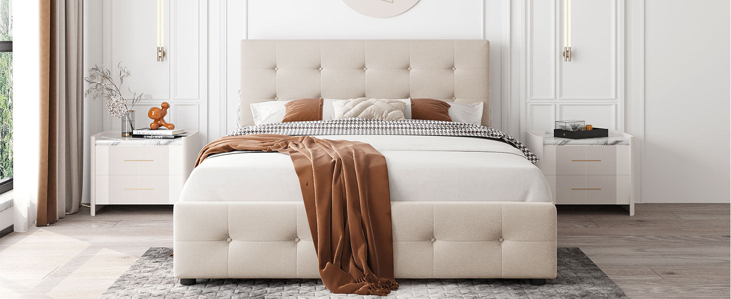 Upholstered Platform Bed with Classic Headboard and 4 Drawers No Box Spring Needed Linen Fabric Queen Size Beige - Korvel