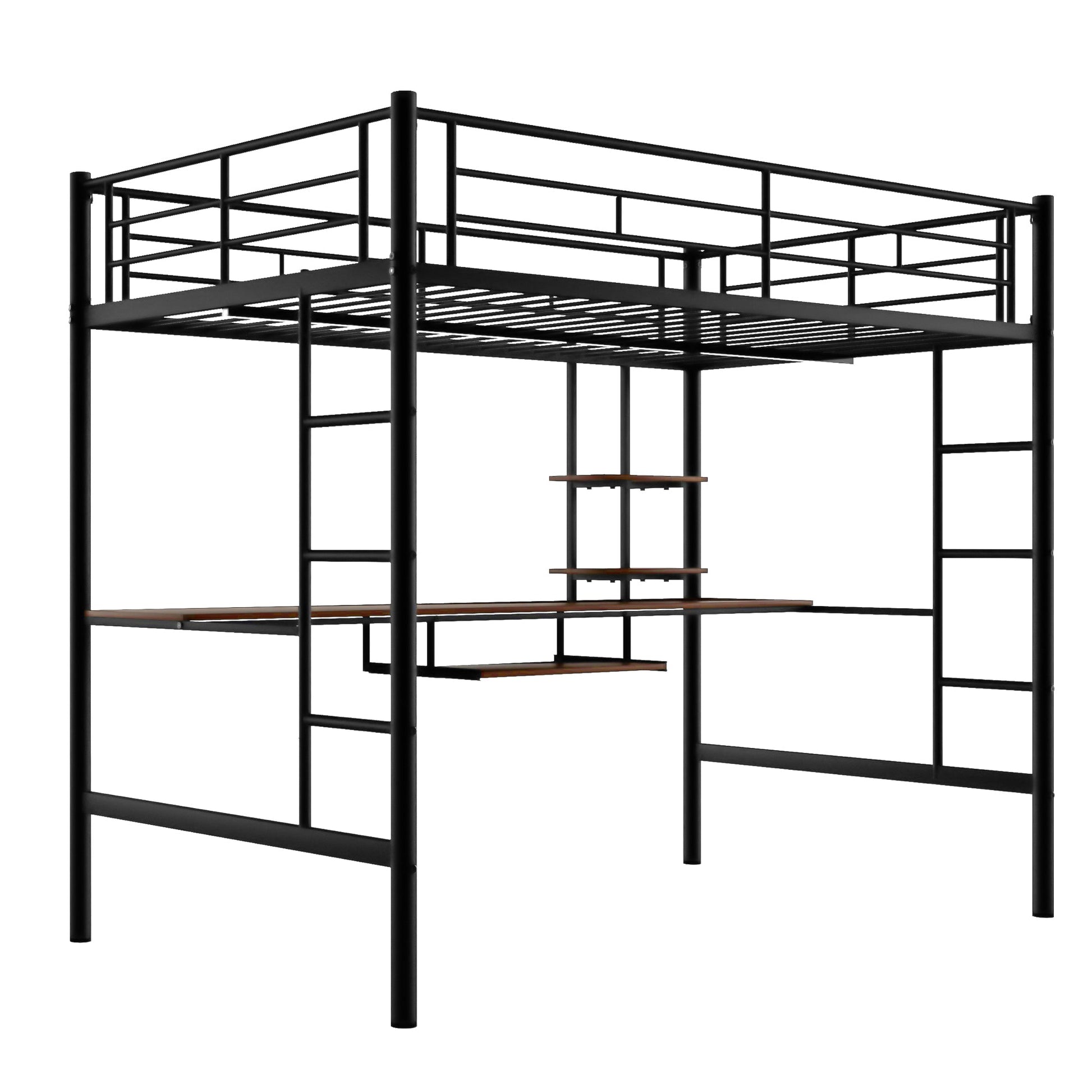 Loft Bed with Desk and Shelf   Space Saving Design Full Black - Korvel