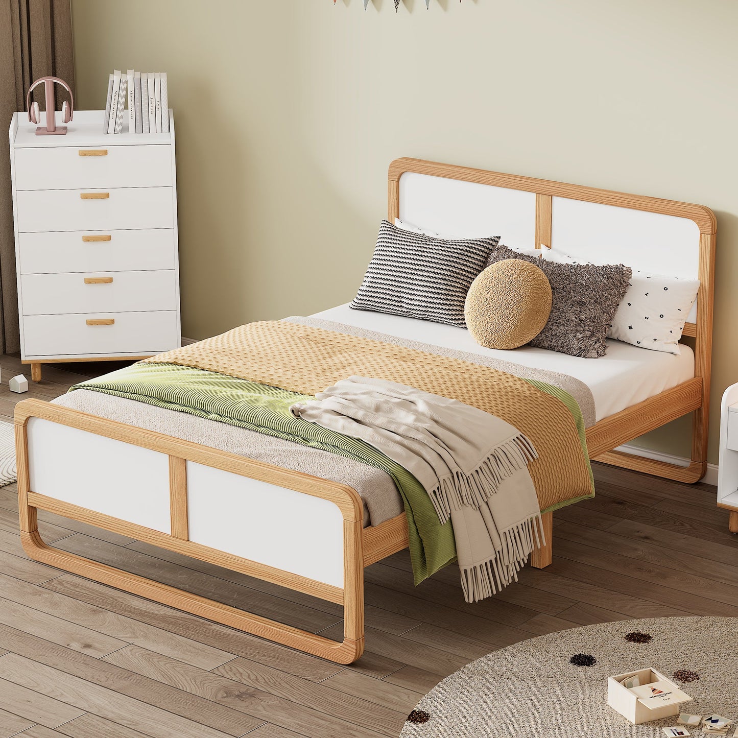 Modern Style Queen Size Solid Wood Platform Bed for Kids, Teens, Adults, No Need Box Spring, Walnut and White - Korvel