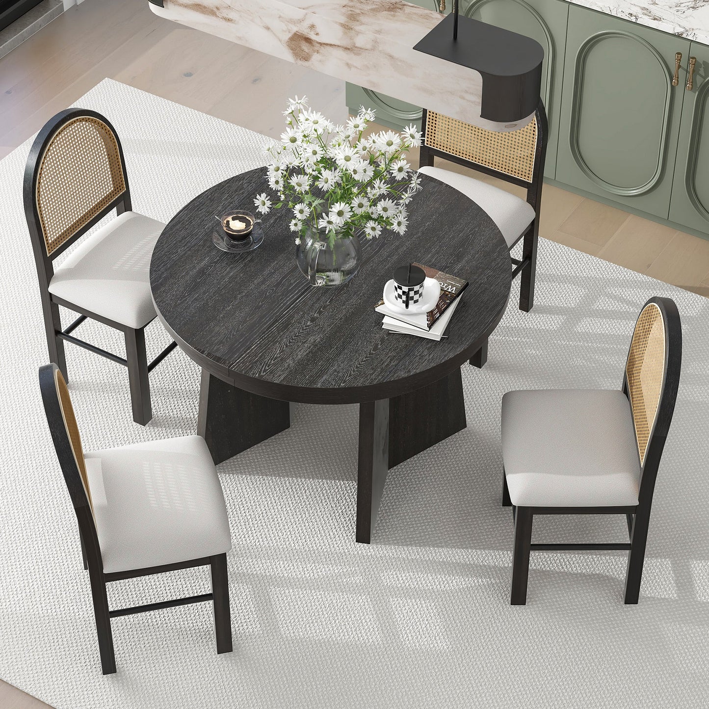TREXM 5-Piece Retro Dining Set with Expandable Table & Chairs
